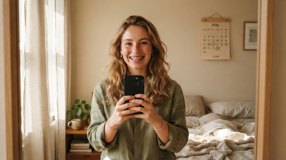 Diş telli genç kadının aynada telefonla gülüşünün fotoğrafını çekmesi