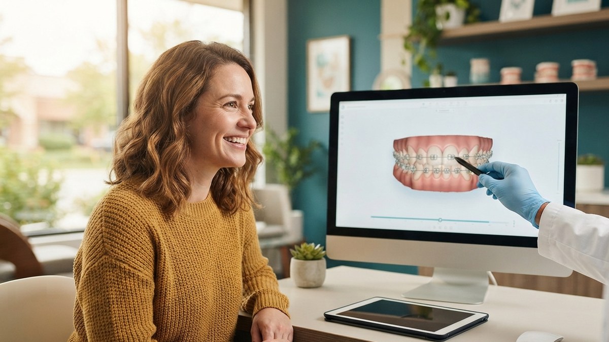 Invisalign tedavisinde hastanın dişlerinin üç boyutlu tedavi planını ekranda incelemesi